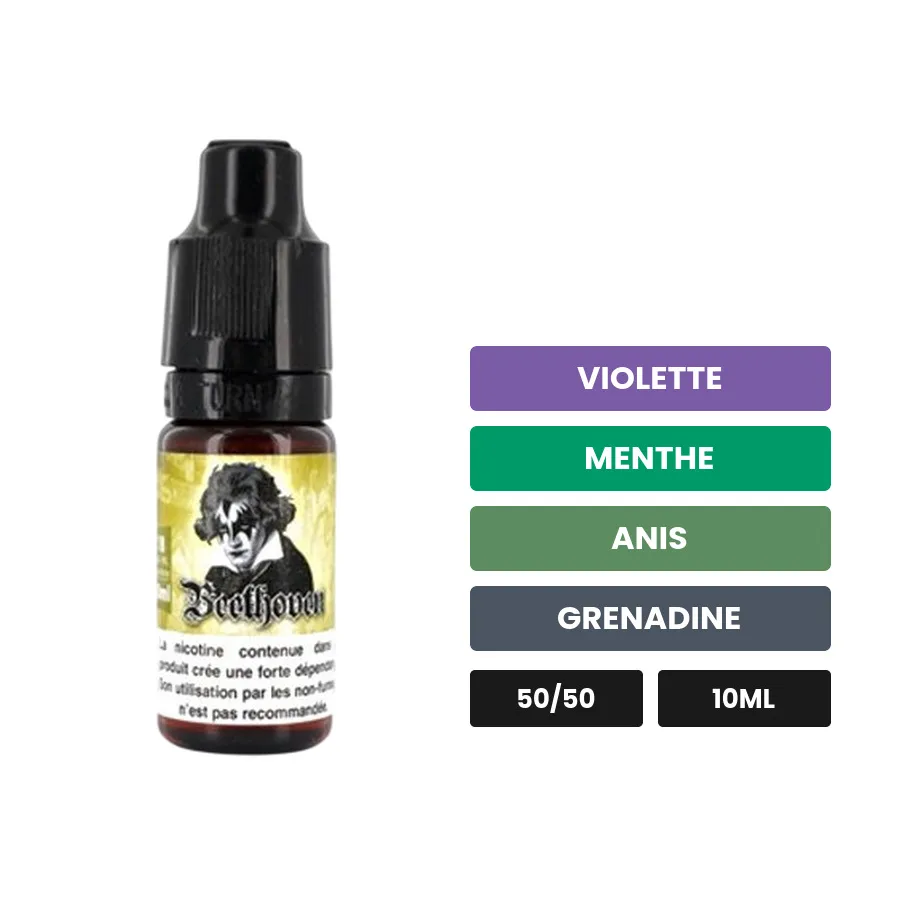 E-liquide Beethoven d'Eliquid France, 10 ml, saveurs violette, menthe, anis et 2 autres.