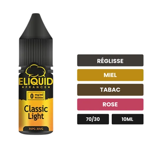 E-liquide Classic Light d'Eliquid France, 10 ml, saveurs réglisse, miel, tabac et 2 autres.
