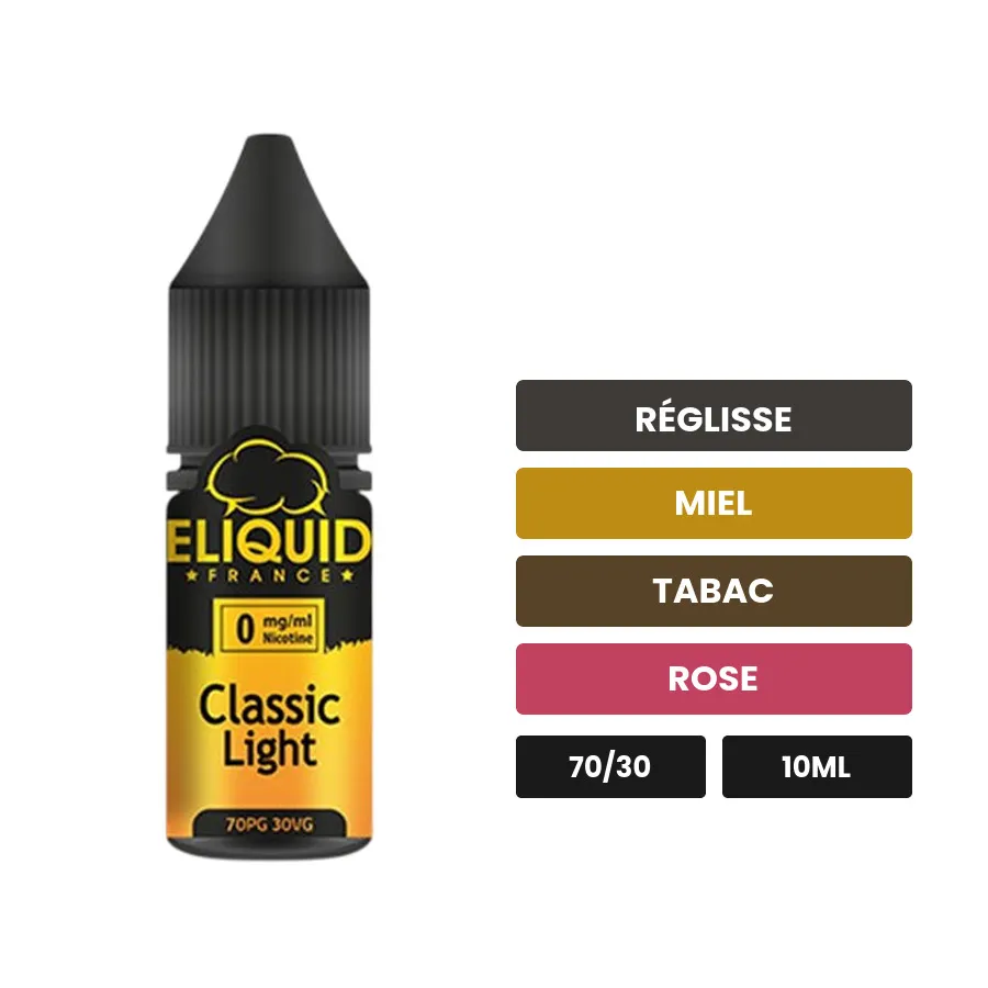 E-liquide Classic Light d'Eliquid France, 10 ml, saveurs réglisse, miel, tabac et 2 autres.