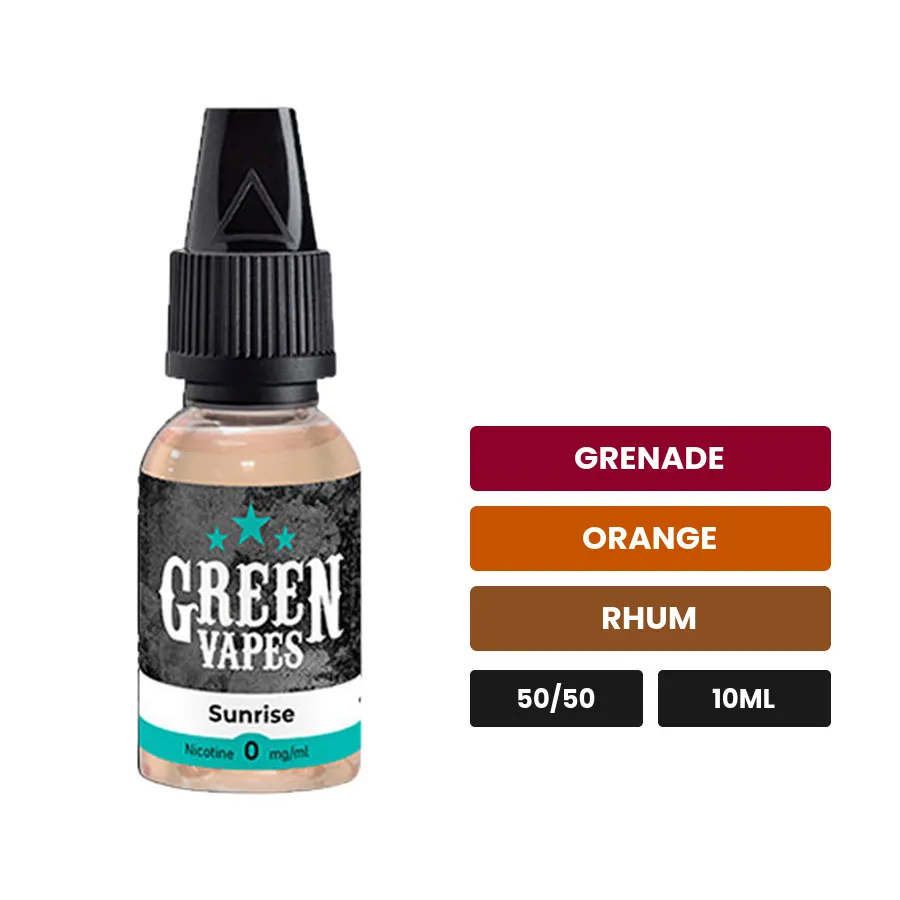E-liquide Sunrise d'Eliquid France, 10 ml, saveurs grenade, orange et rhum.