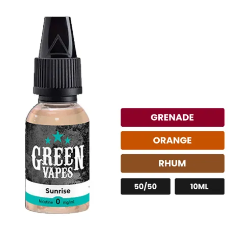 E-liquide Sunrise d'Eliquid France, 10 ml, saveurs grenade, orange et rhum.