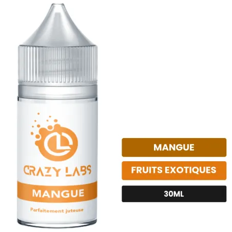 Arome concentre Mangue de Crazy Labs, 30 ml, saveurs mangue et fruits exotiques, sans nicotine — arôme à diluer de nicotine.