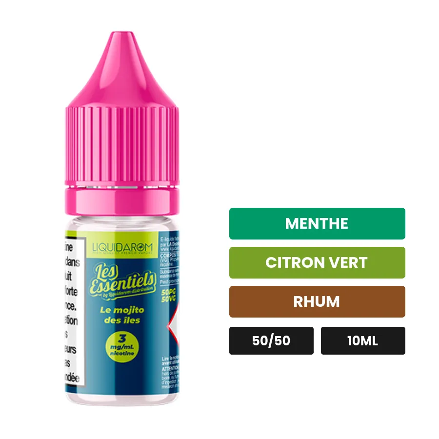 E-liquide Le Mojito des Îles de Liquidarom, 10 ml, saveurs menthe, citron vert et rhum.