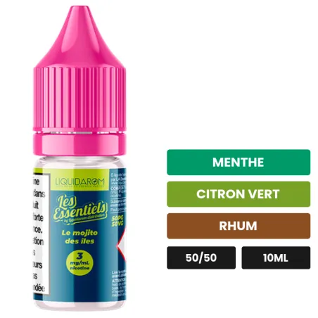 E-liquide Le Mojito des Îles de Liquidarom, 10 ml, saveurs menthe, citron vert et rhum.