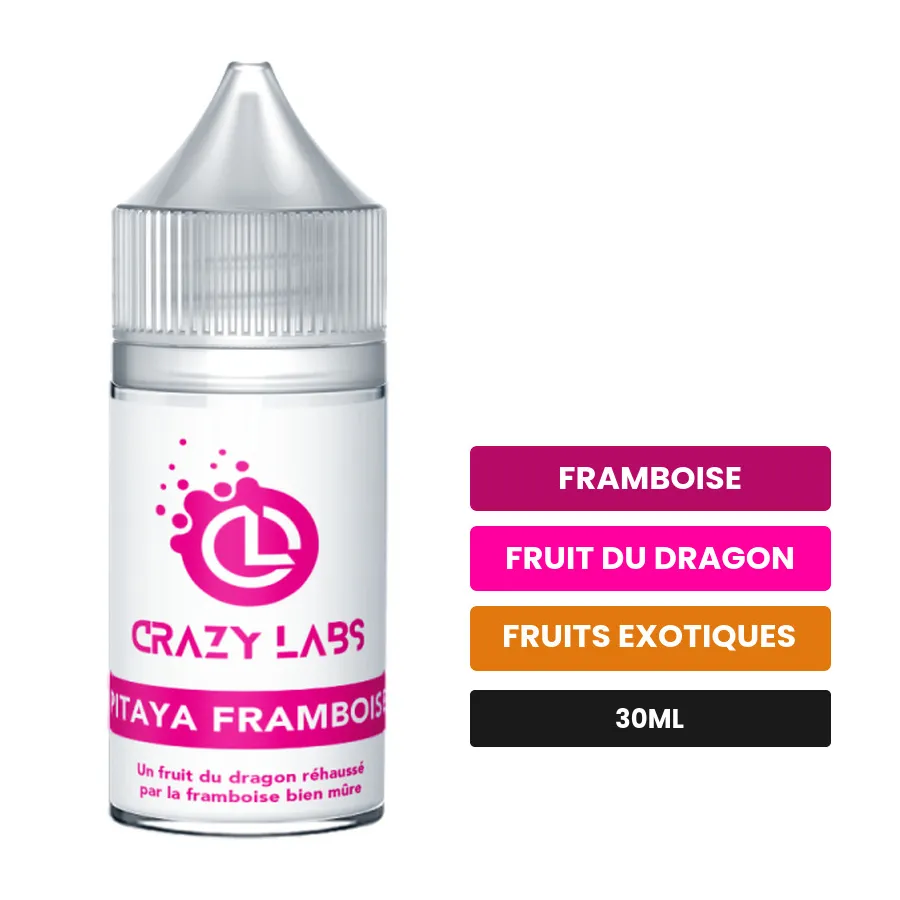 Arome concentre Pitaya Framboise de Crazy Labs, 30 ml, saveurs framboise, fruit du dragon et fruits exotiques, sans nicotine.