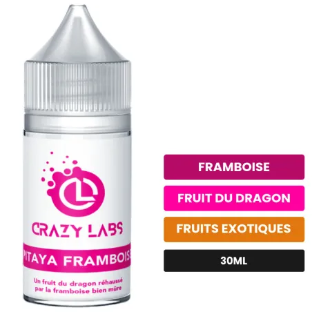 Arome concentre Pitaya Framboise de Crazy Labs, 30 ml, saveurs framboise, fruit du dragon et fruits exotiques, sans nicotine.