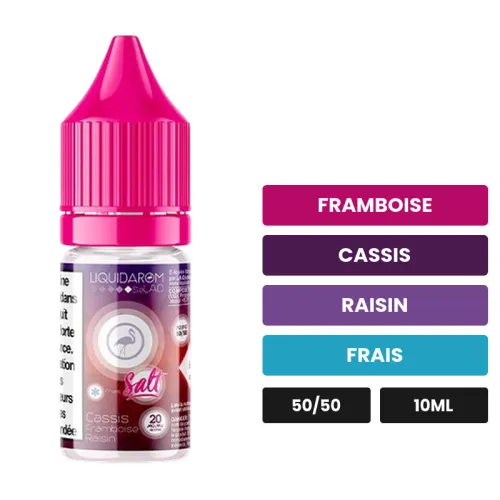 E-liquide Cassis Framboise Raisin de Liquidarom, 10 ml, saveurs framboise, cassis, raisin et 1 autre, 6 mg de nicotine.