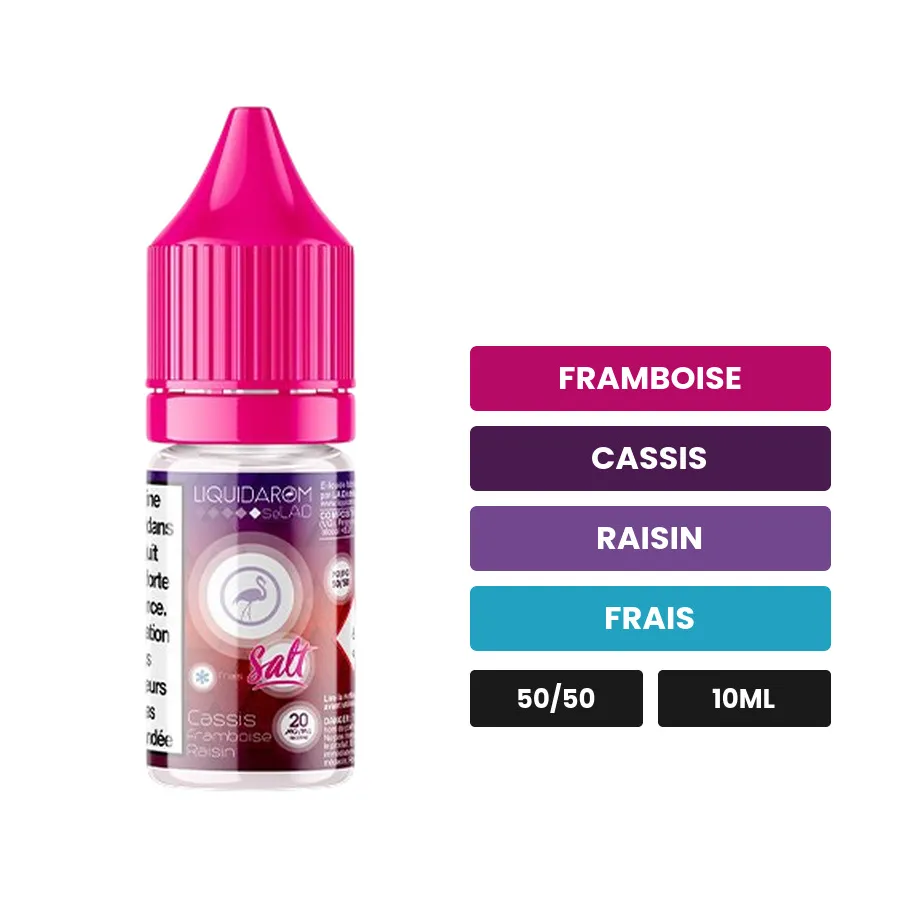 E-liquide Cassis Framboise Raisin de Liquidarom, 10 ml, saveurs framboise, cassis, raisin et 1 autre, 6 mg de nicotine.