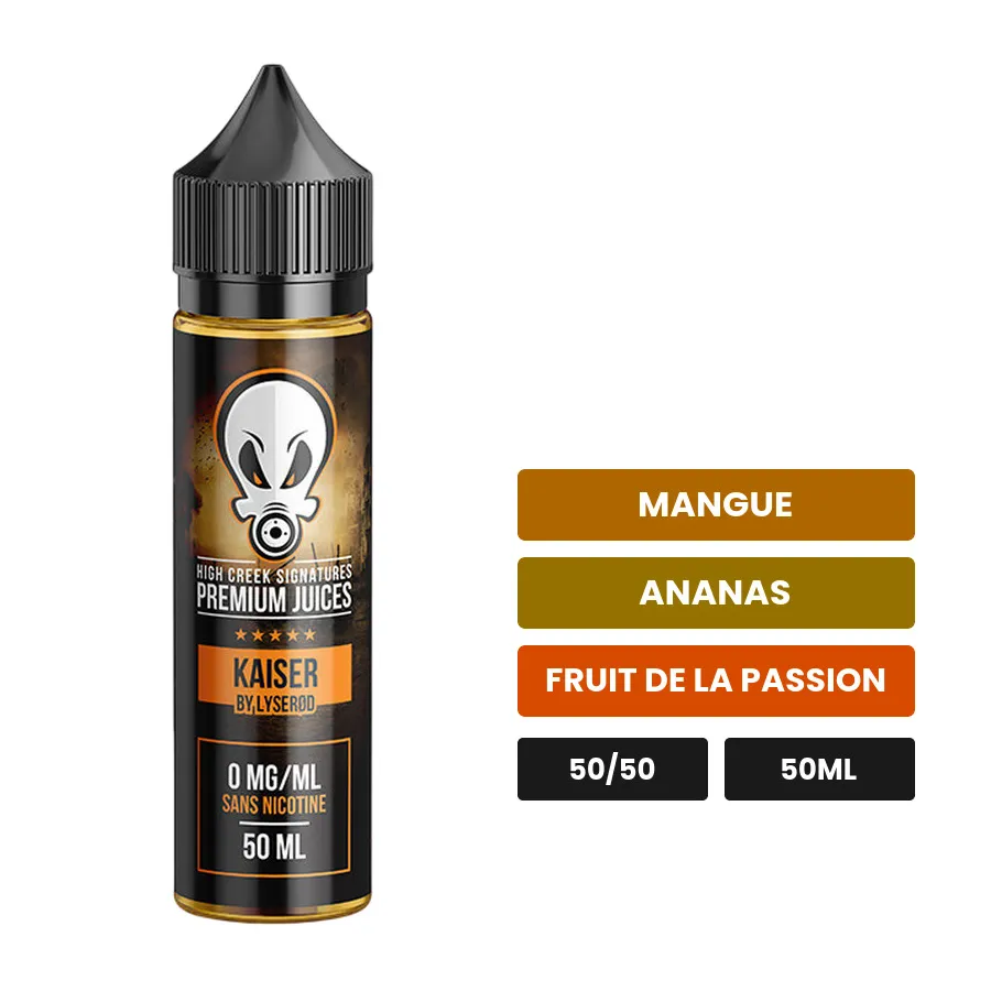 E-liquide Kaiser de Liquidarom, 50 ml, saveurs mangue, ananas et fruit de la passion.