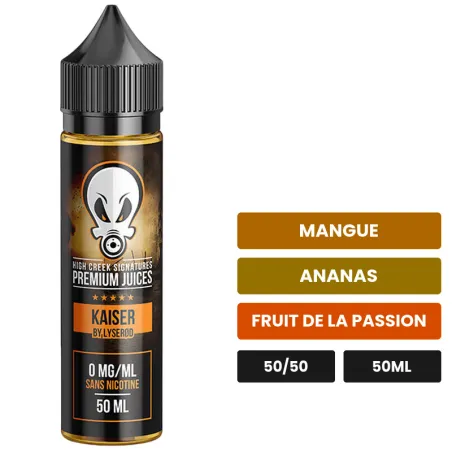E-liquide Kaiser de Liquidarom, 50 ml, saveurs mangue, ananas et fruit de la passion.