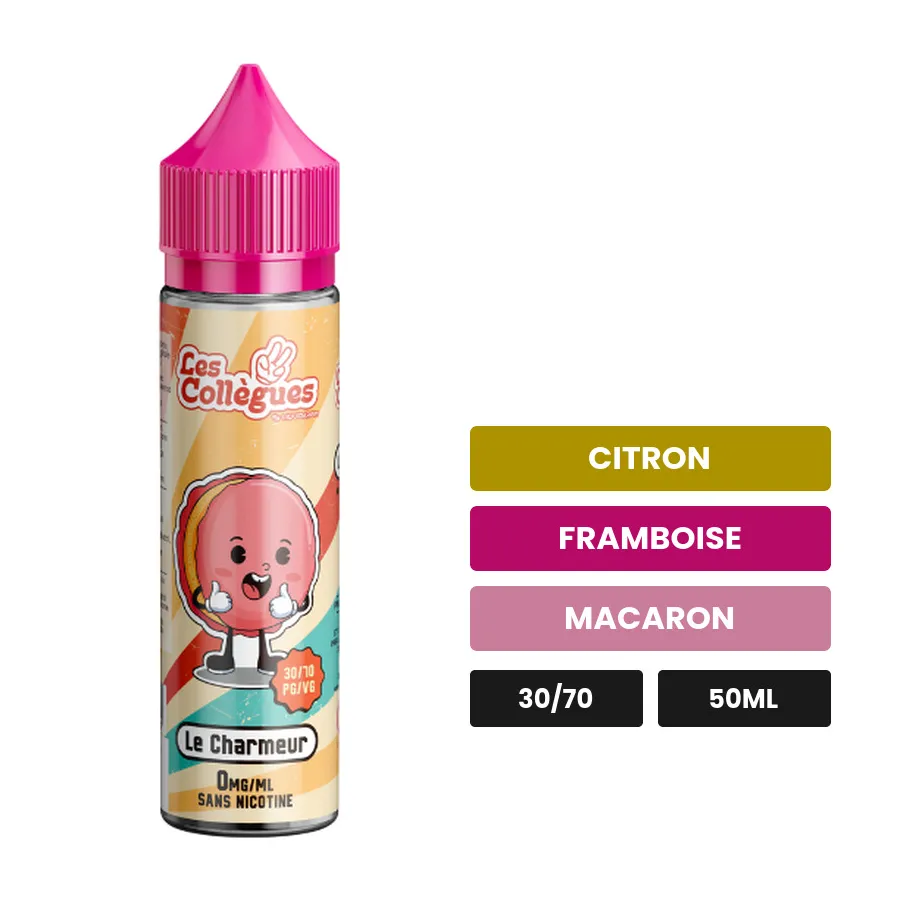 E-liquide Le Charmeur de Liquidarom, 50 ml, saveurs citron, framboise et macaron.