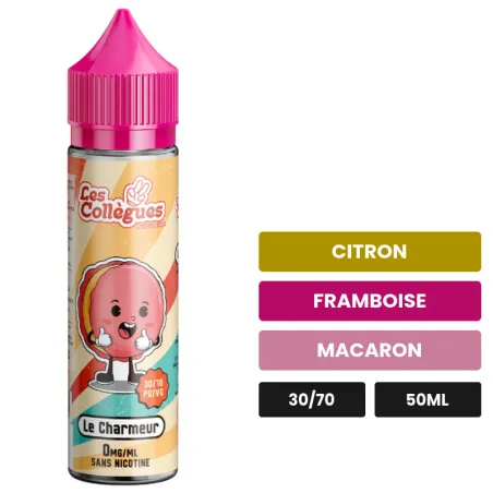 E-liquide Le Charmeur de Liquidarom, 50 ml, saveurs citron, framboise et macaron.