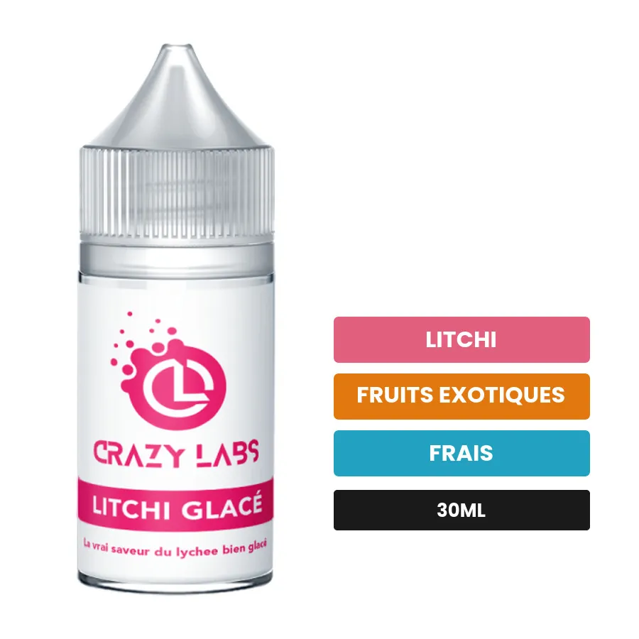 Arome concentre Litchi Glacé de Crazy Labs, 30 ml, saveurs litchi, fruits exotiques et frais, sans nicotine — arôme à diluer.