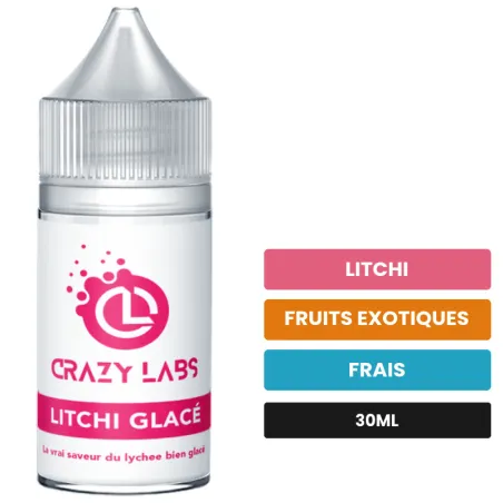Arome concentre Litchi Glacé de Crazy Labs, 30 ml, saveurs litchi, fruits exotiques et frais, sans nicotine — arôme à diluer.