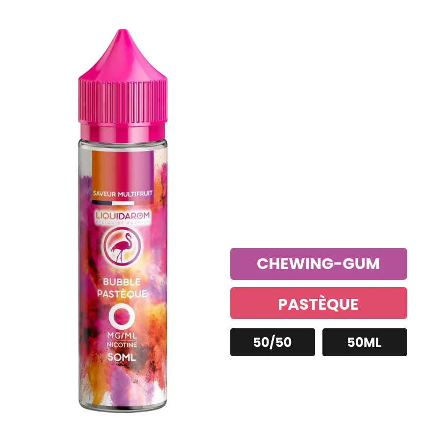 E-liquide Bubble Pastèque de Liquidarom, 50 ml, saveurs chewing-gum et pastèque, sans nicotine — prêt à booster de nicotine.