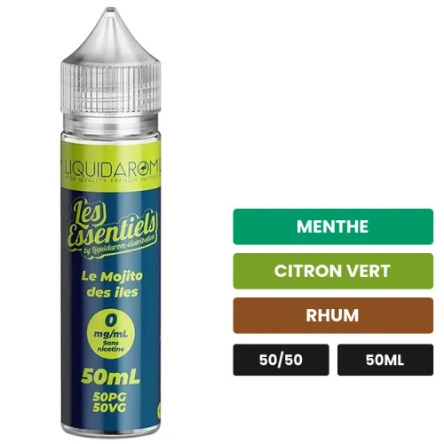 E-liquide Le Mojito des Îles de Liquidarom, 50 ml, saveurs menthe, citron vert et rhum, sans nicotine — prêt à booster de.