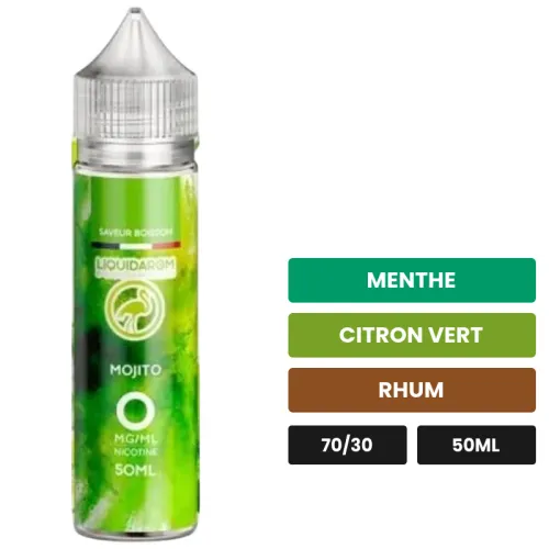 E-liquide Mojito de Liquidarom, 50 ml, saveurs menthe, citron vert et rhum, sans nicotine — prêt à booster de nicotine.