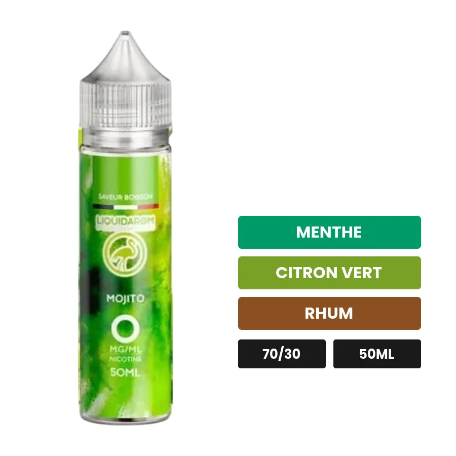 E-liquide Mojito de Liquidarom, 50 ml, saveurs menthe, citron vert et rhum, sans nicotine — prêt à booster de nicotine.