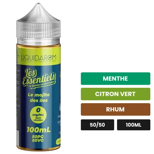 E-liquide Le Mojito des Îles de Liquidarom, 100 ml, saveurs menthe, citron vert et rhum, sans nicotine — prêt à booster de.