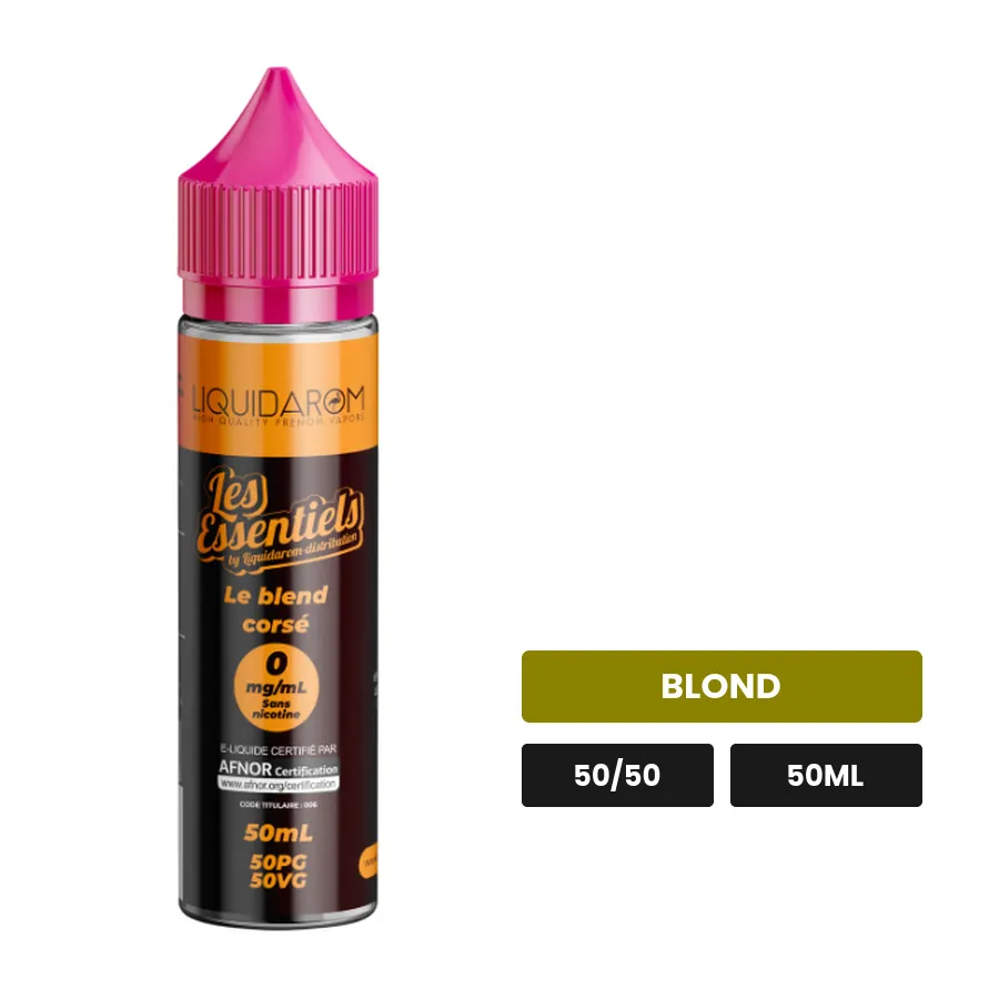 E-liquide Le Blend Corsé de Liquidarom, 50 ml, saveur blond, sans nicotine — prêt à booster de nicotine.
