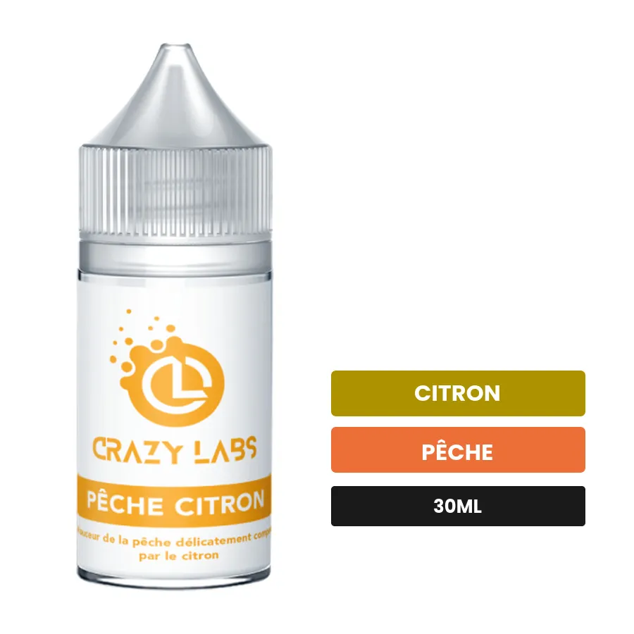 Arome concentre Pêche Citron de Crazy Labs, 30 ml, saveurs citron et pêche, sans nicotine — arôme à diluer de nicotine.
