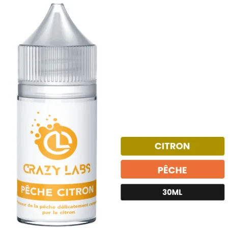 Arome concentre Pêche Citron de Crazy Labs, 30 ml, saveurs citron et pêche, sans nicotine — arôme à diluer de nicotine.