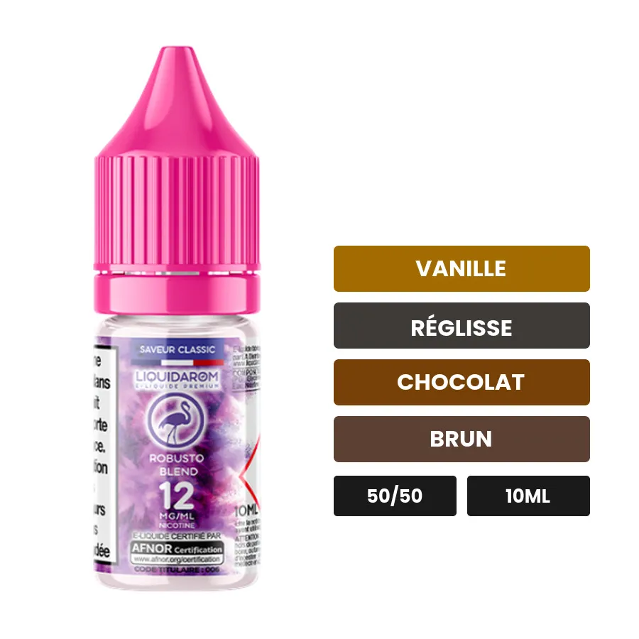 E-liquide Robusto Blend de Liquidarom, 10 ml, saveurs vanille, réglisse, chocolat et 1 autre.