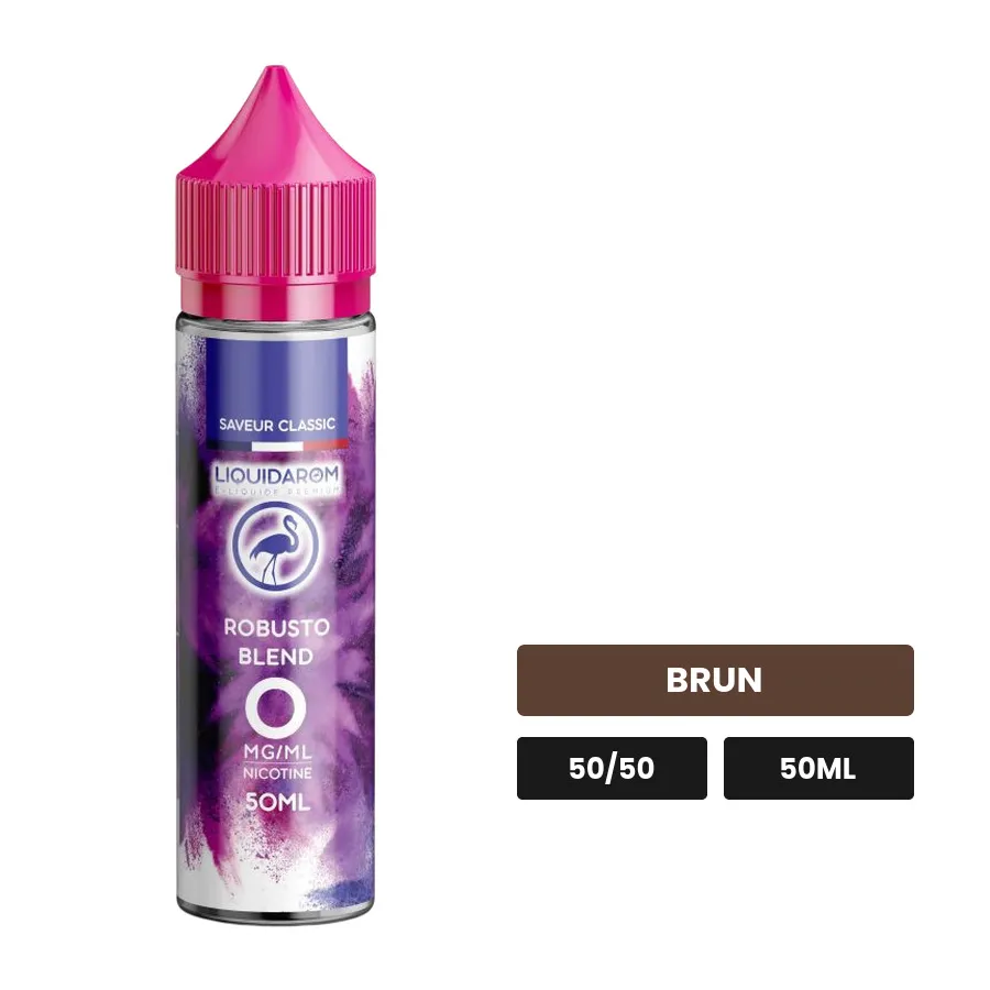 E-liquide Robusto Blend de Liquidarom, 50 ml, saveur brun, sans nicotine — prêt à booster de nicotine.