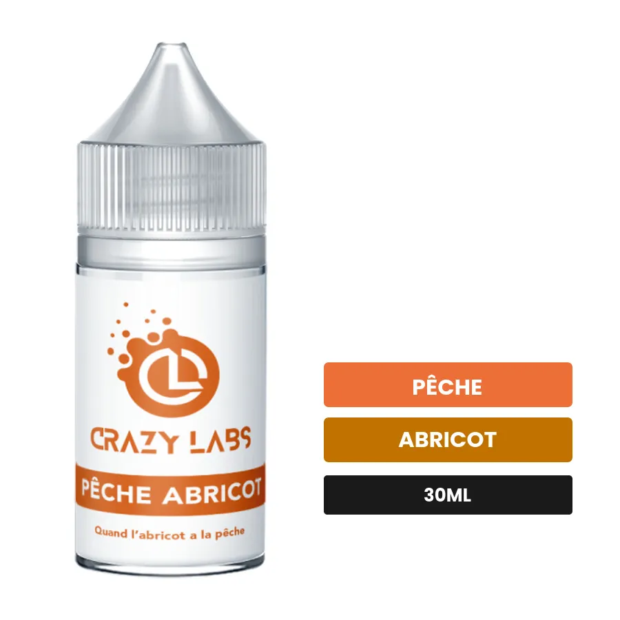 Arome concentre Pêche Abricot de Crazy Labs, 30 ml, saveurs pêche et abricot, sans nicotine — arôme à diluer de nicotine.