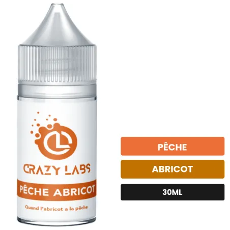 Arome concentre Pêche Abricot de Crazy Labs, 30 ml, saveurs pêche et abricot, sans nicotine — arôme à diluer de nicotine.