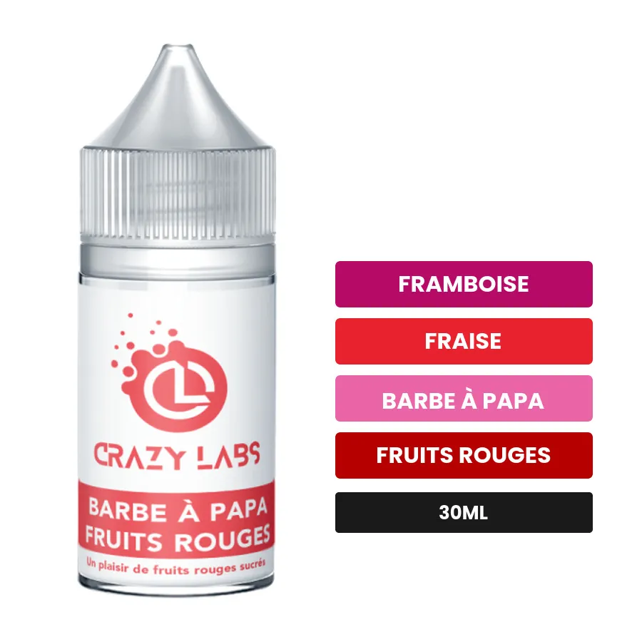 Arome concentre Barbe à Papa Fruits Rouges de Crazy Labs, 30 ml, saveurs framboise, fraise, barbe à papa et 1 autre, sans.