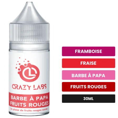 Arome concentre Barbe à Papa Fruits Rouges de Crazy Labs, 30 ml, saveurs framboise, fraise, barbe à papa et 1 autre, sans.