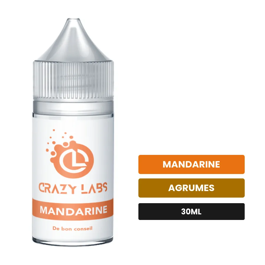 Arome concentre Mandarine de Crazy Labs, 30 ml, saveurs mandarine et agrumes, sans nicotine — arôme à diluer de nicotine.