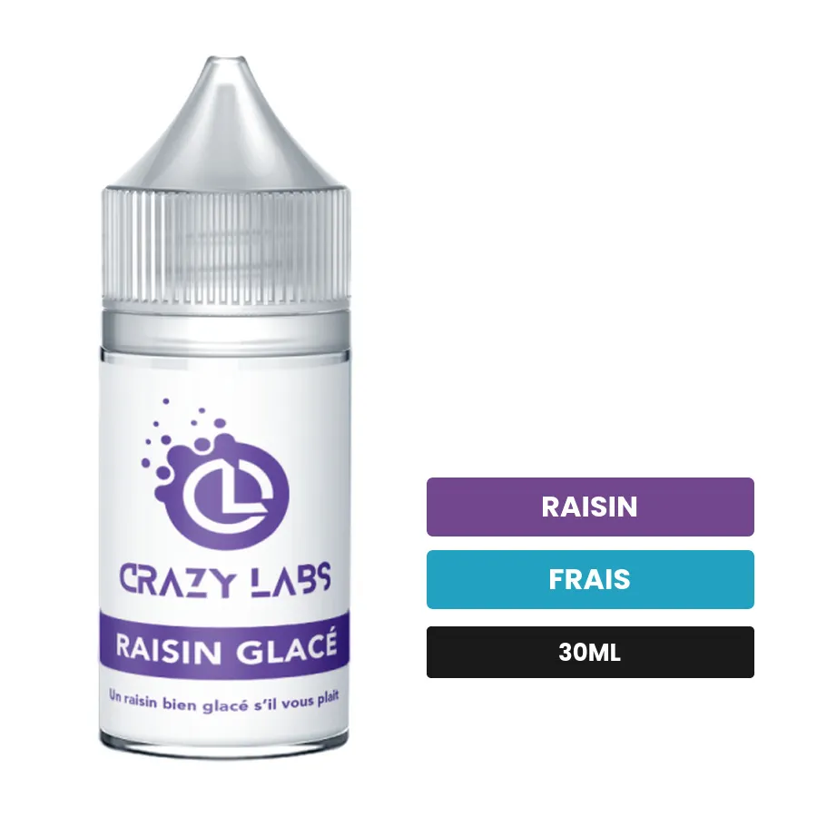 Arome concentre Raisin Glacé de Crazy Labs, 30 ml, saveurs raisin et frais, sans nicotine — arôme à diluer de nicotine.