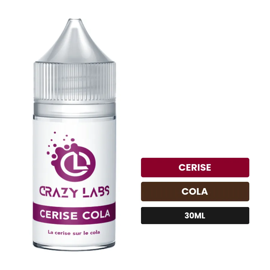 Arome concentre Cerise Cola de Crazy Labs, 30 ml, saveurs cerise et cola, sans nicotine — arôme à diluer de nicotine.