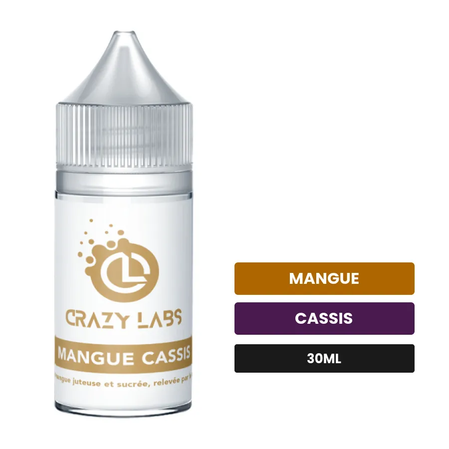 Arome concentre Mangue Cassis de Crazy Labs, 30 ml, saveurs mangue et cassis, sans nicotine — arôme à diluer de nicotine.