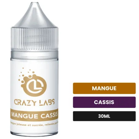 Arome concentre Mangue Cassis de Crazy Labs, 30 ml, saveurs mangue et cassis, sans nicotine — arôme à diluer de nicotine.
