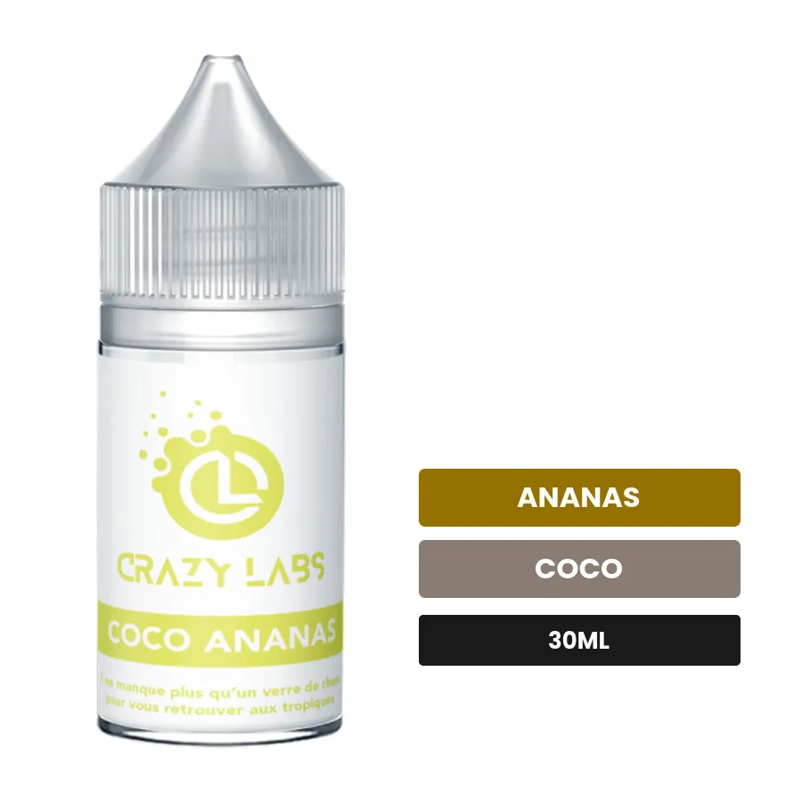 Arome concentre Coco Ananas de Crazy Labs, 30 ml, saveurs ananas et coco, sans nicotine — arôme à diluer de nicotine.