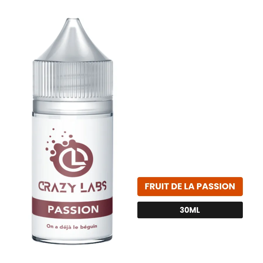 Arome concentre Passion de Crazy Labs, 30 ml, saveur fruit de la passion, sans nicotine — arôme à diluer de nicotine.