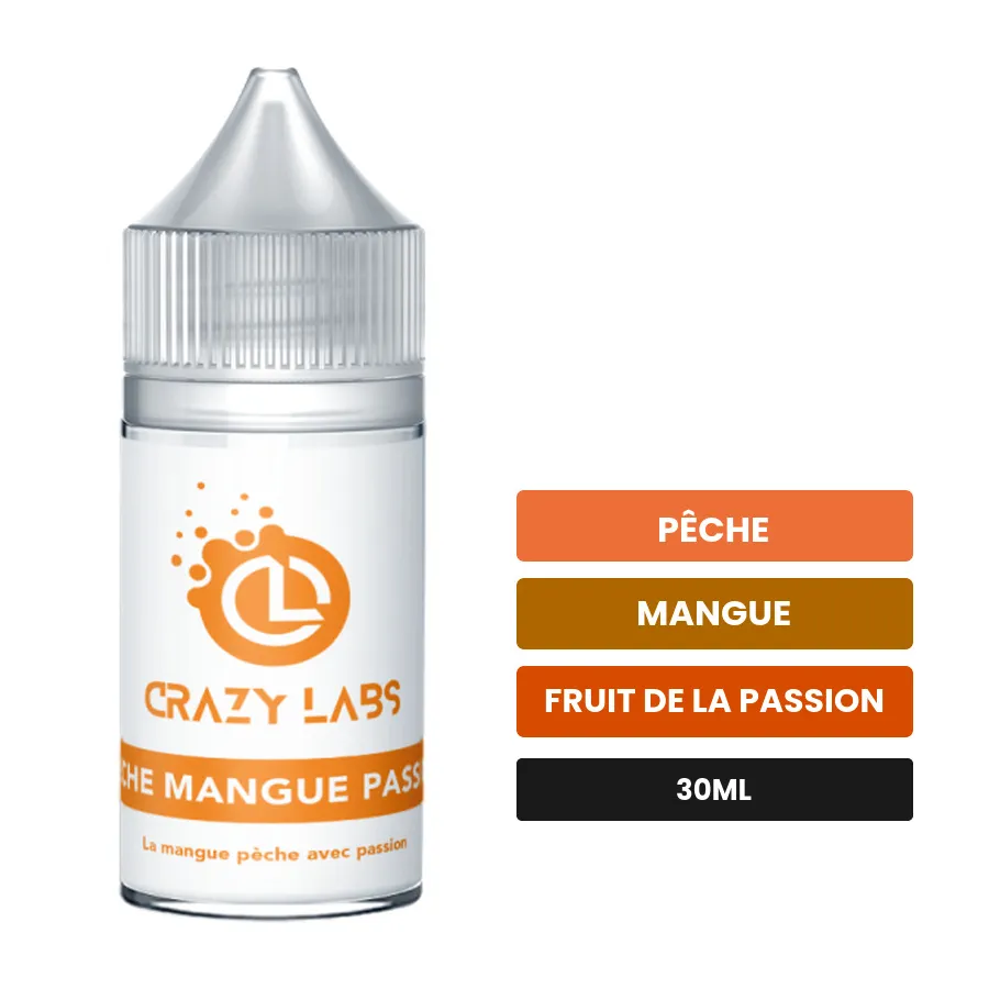 Arome concentre Pêche Mangue Passion de Crazy Labs, 30 ml, saveurs pêche, mangue et fruit de la passion, sans nicotine —.