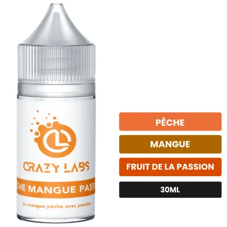 Arome concentre Pêche Mangue Passion de Crazy Labs, 30 ml, saveurs pêche, mangue et fruit de la passion, sans nicotine —.