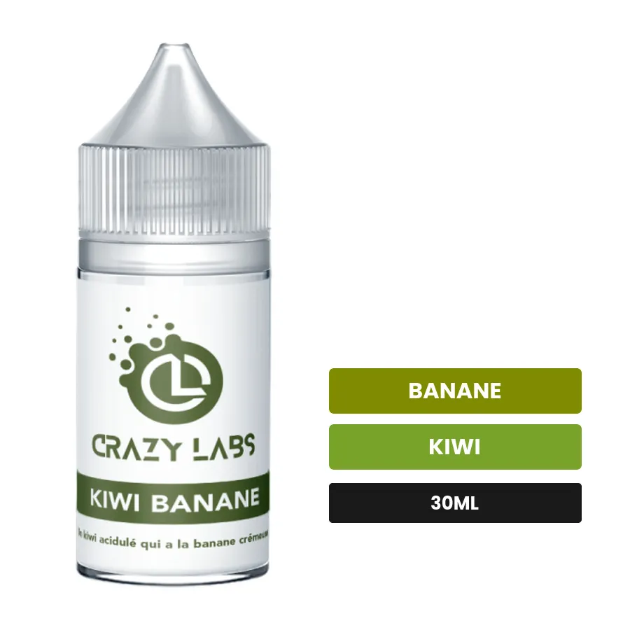 Arome concentre Kiwi Banane de Crazy Labs, 30 ml, saveurs banane et kiwi, sans nicotine — arôme à diluer de nicotine.