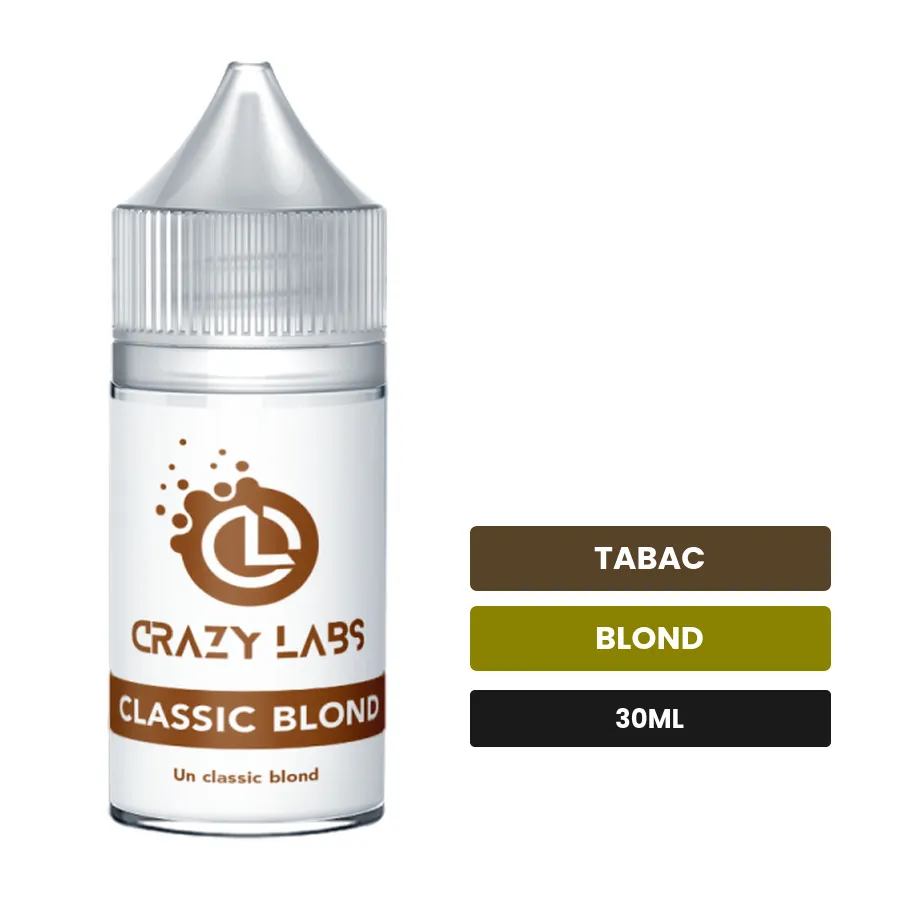 Arome concentre Classic Blond de Crazy Labs, 30 ml, saveurs tabac et blond, sans nicotine — arôme à diluer de nicotine.