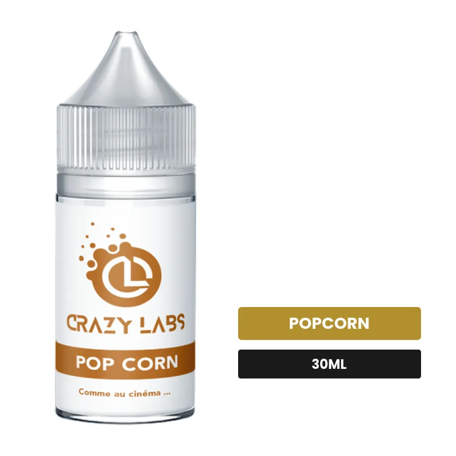 Arome concentre Pop Corn de Crazy Labs, 30 ml, saveur popcorn, sans nicotine — arôme à diluer de nicotine.