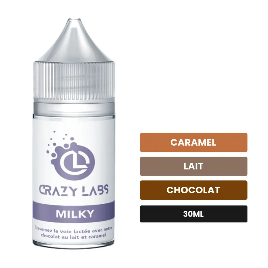 Arome concentre Milky de Crazy Labs, 30 ml, saveurs caramel, lait et chocolat, sans nicotine — arôme à diluer de nicotine.