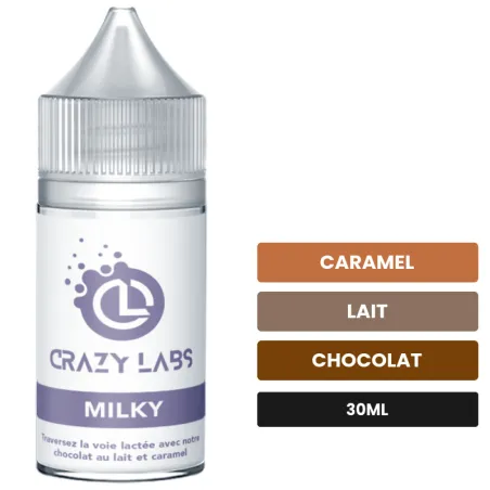 Arome concentre Milky de Crazy Labs, 30 ml, saveurs caramel, lait et chocolat, sans nicotine — arôme à diluer de nicotine.