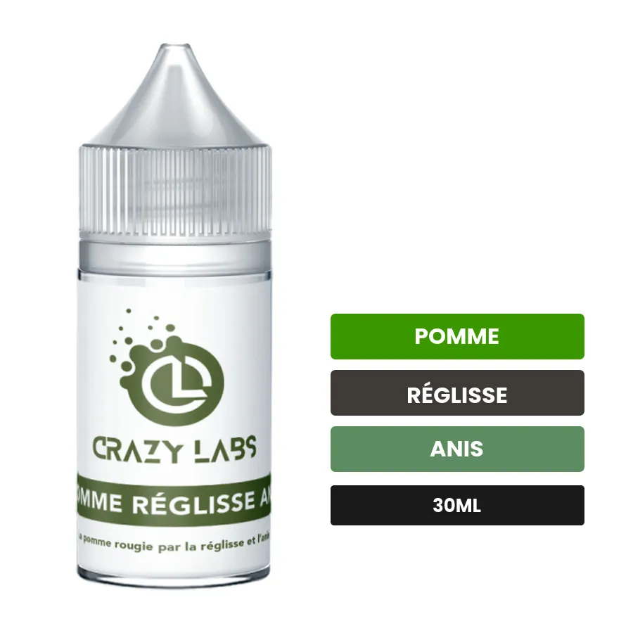 Arome concentre Pomme Réglisse Anis de Crazy Labs, 30 ml, saveurs pomme, réglisse et anis, sans nicotine — arôme à diluer de.