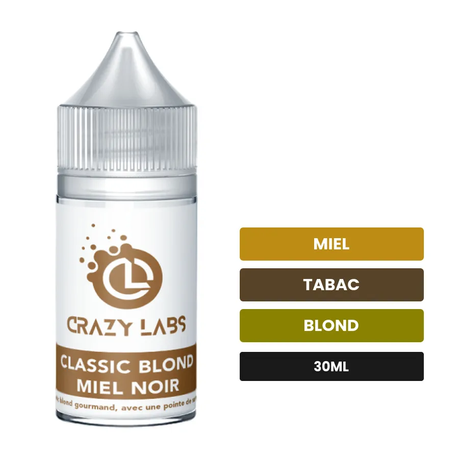 Arome concentre Classic Blond Miel Noir de Crazy Labs, 30 ml, saveurs miel, tabac et blond, sans nicotine — arôme à diluer.