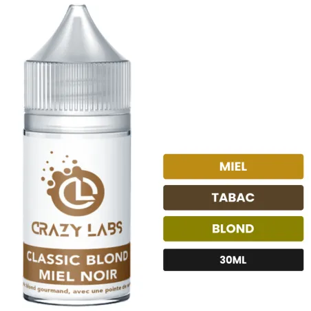 Arome concentre Classic Blond Miel Noir de Crazy Labs, 30 ml, saveurs miel, tabac et blond, sans nicotine — arôme à diluer.
