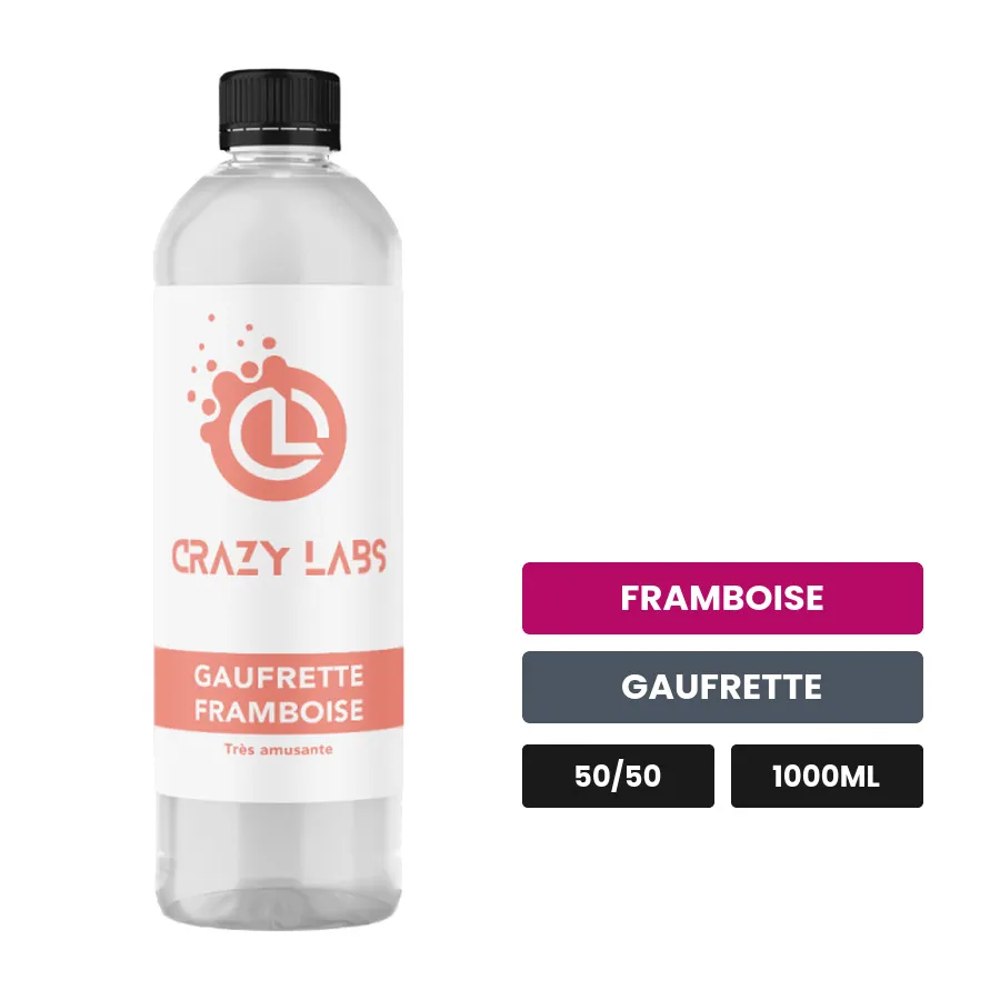 E-liquide Gaufrette Framboise de Crazy Labs, 1000 ml, saveurs framboise et gaufrette, sans nicotine de nicotine.